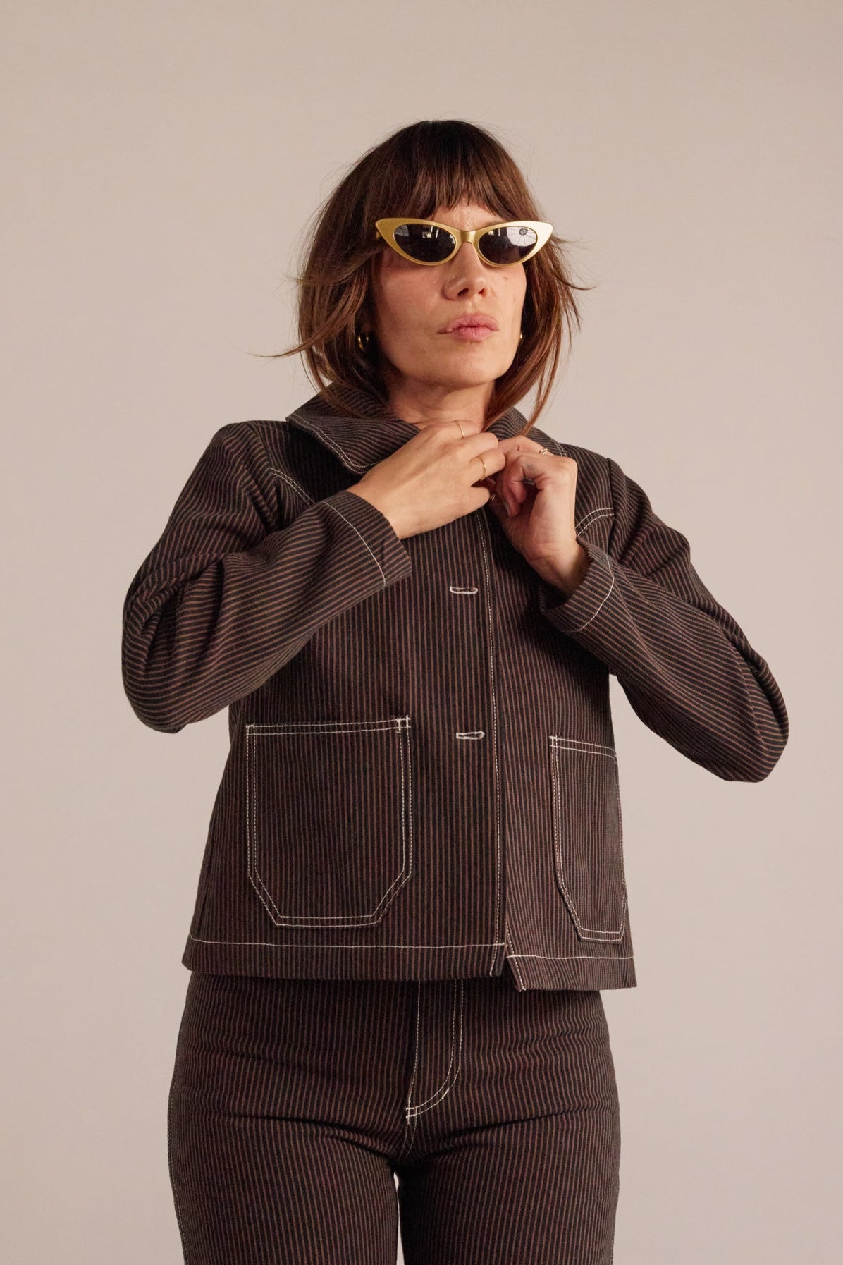 Shrunken Ranch Jacket - Brown Railroad Stripe (New removable sherpa collar)