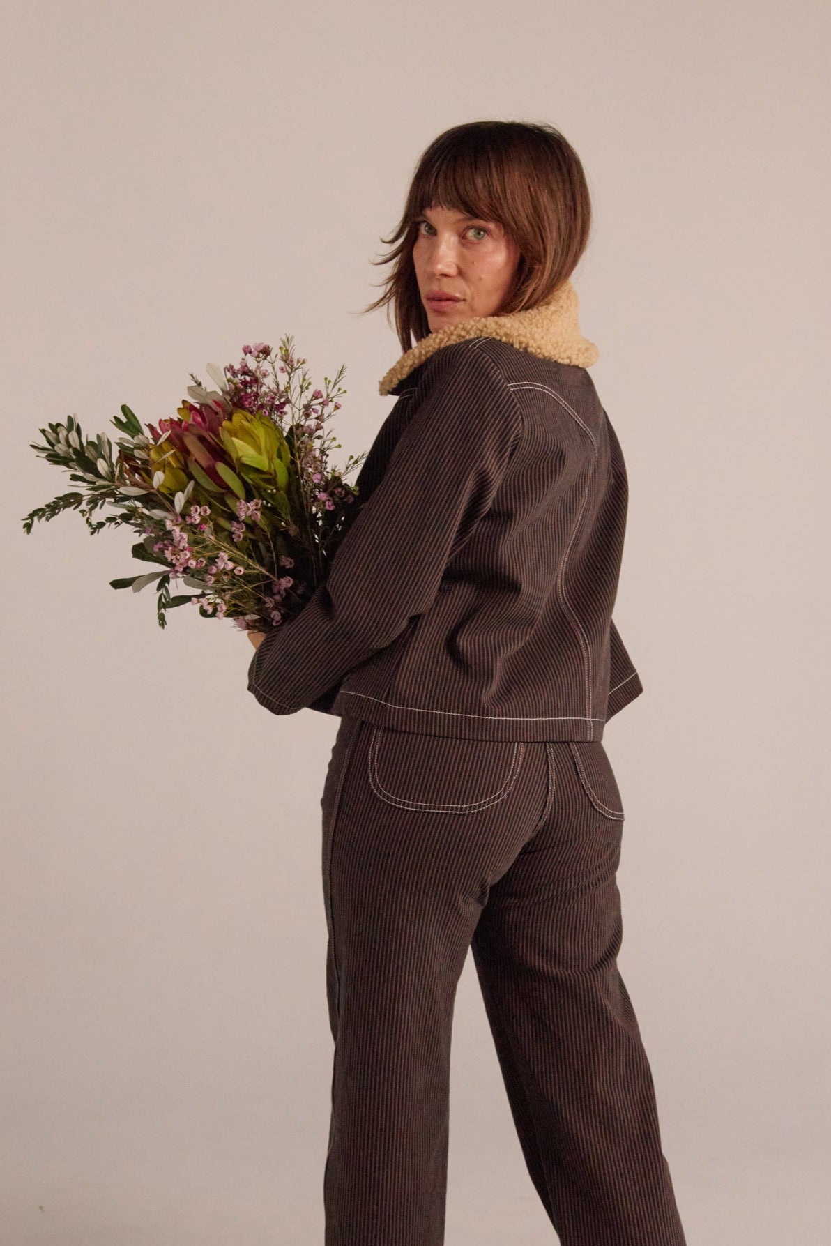 Shrunken Ranch Jacket - Brown Railroad Stripe (New removable sherpa collar)