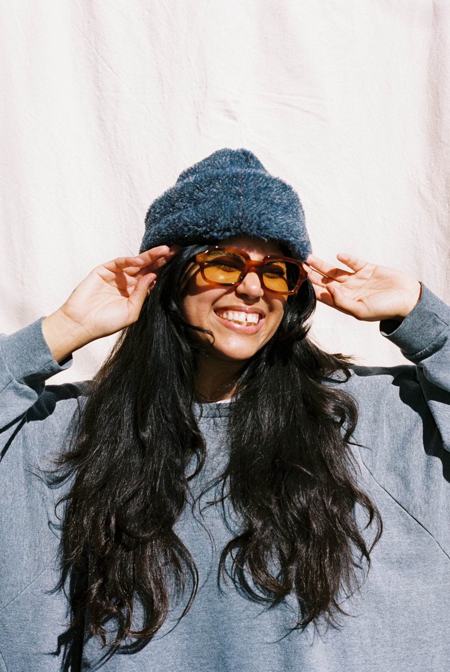 Faux Fur Hat- Marled Denim