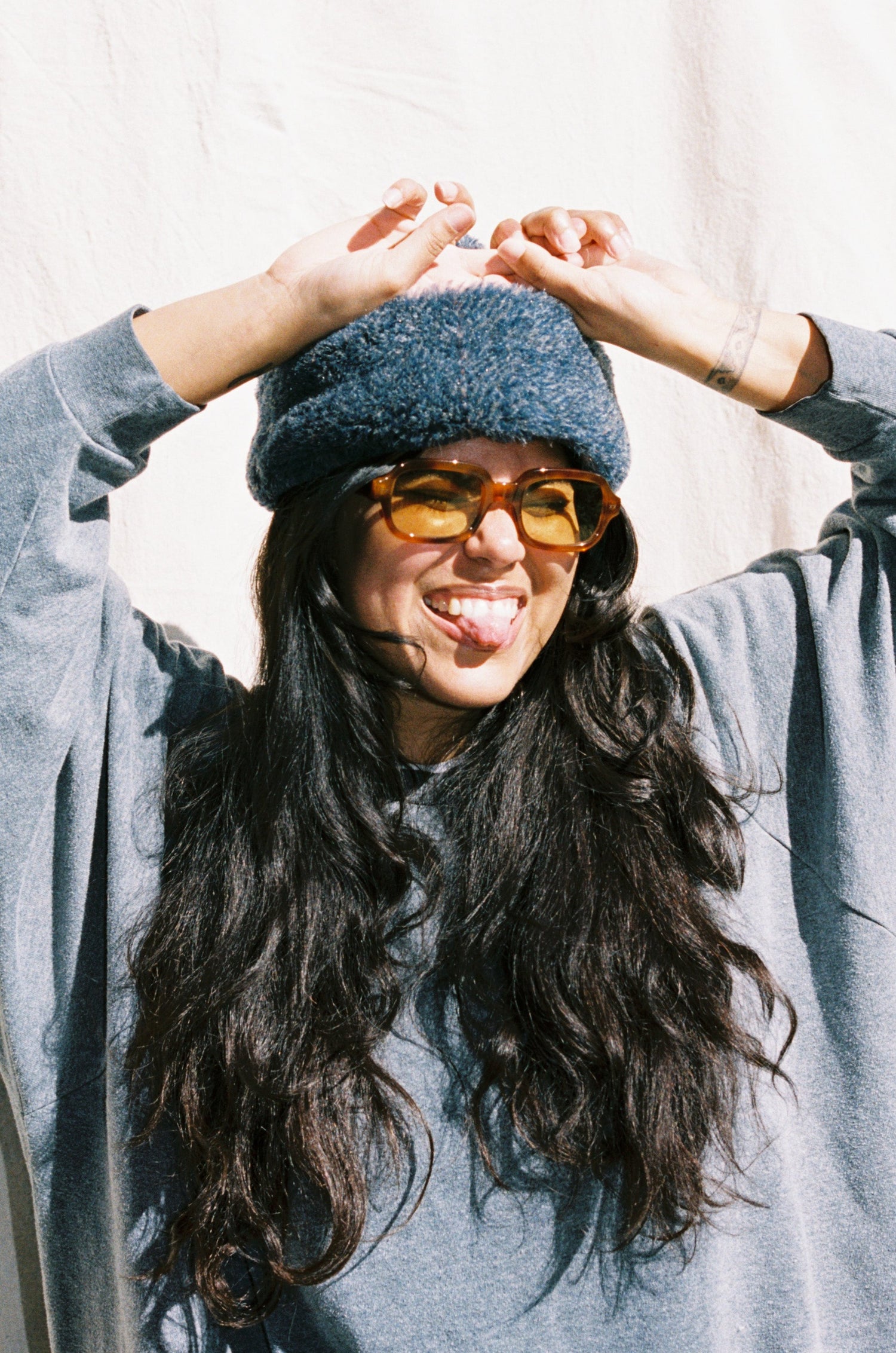 Faux Fur Hat- Marled Denim