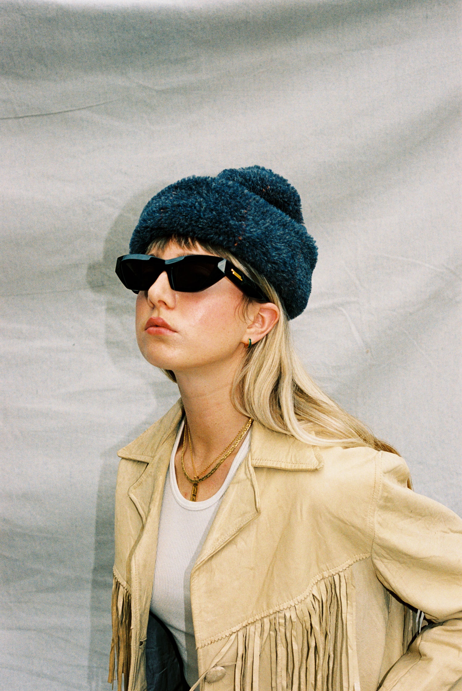 Faux Fur Hat- Marled Denim